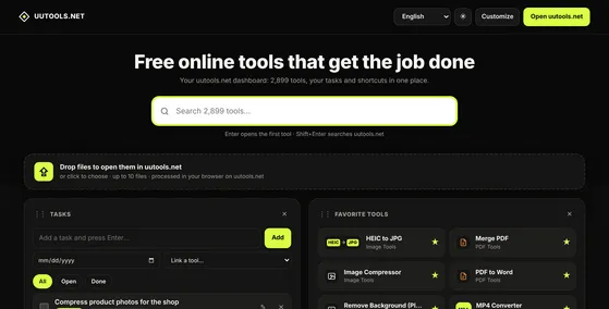 The uuTools new tab dashboard with search, favorite tools and tasks