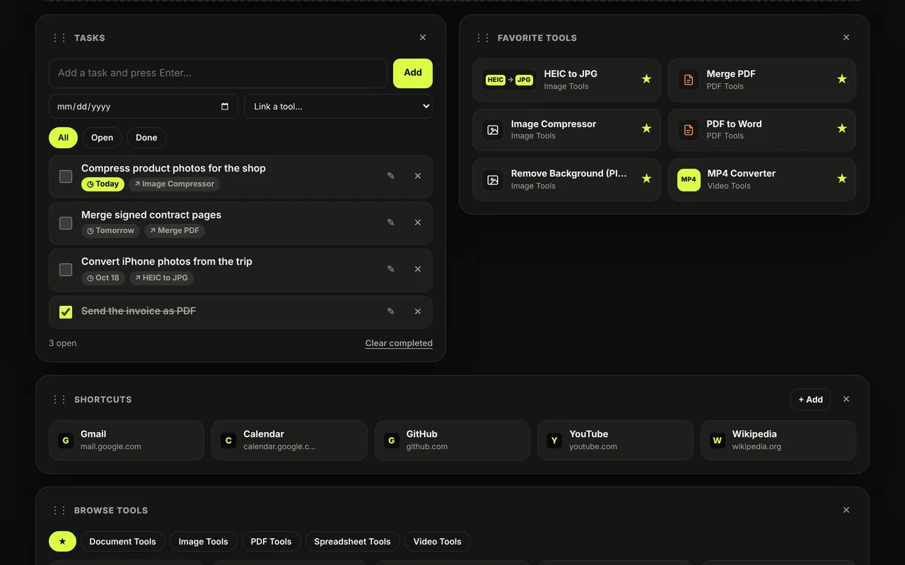 Tasks, favorite tools and shortcuts in the dark theme