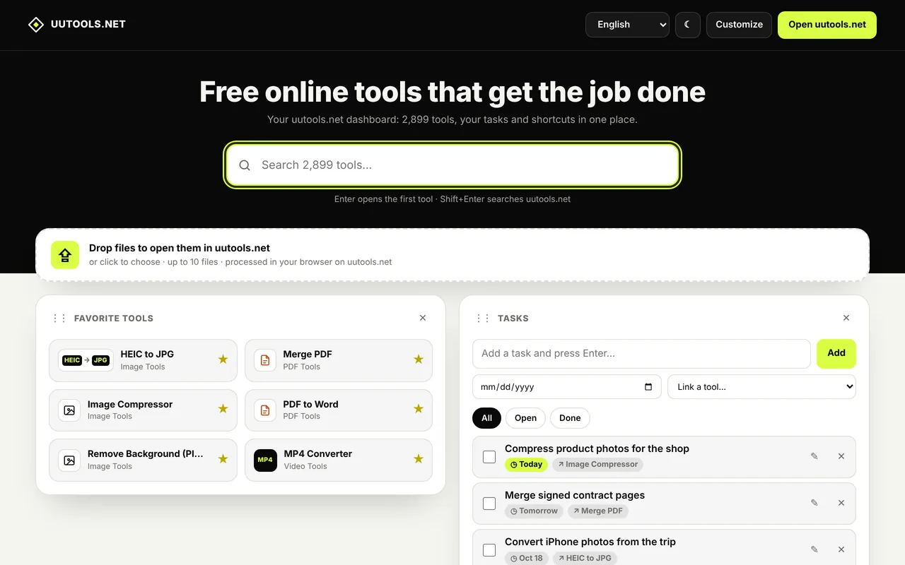 The uuTools new tab dashboard with search, favorite tools and tasks