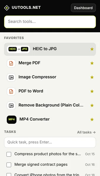 The uuTools toolbar popup with favorites and tasks